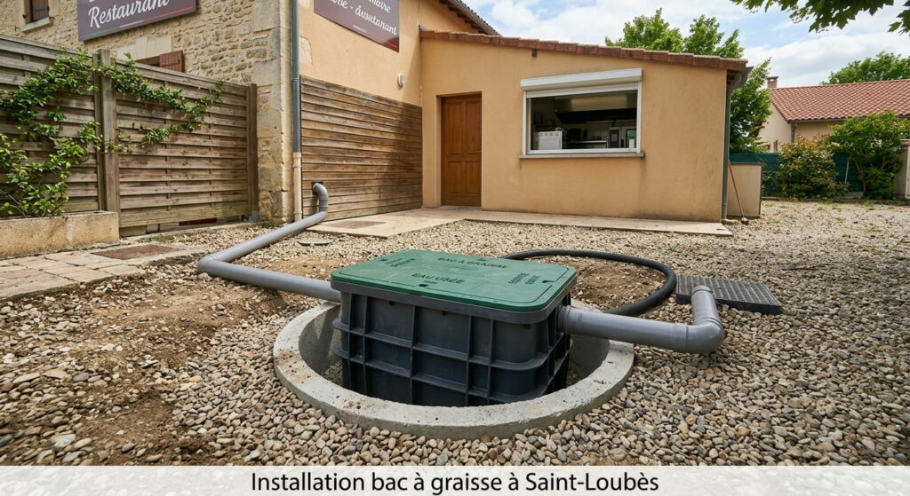 Installation bac à graisse à Saint Loubès (2) Installation d'un bac à graisse professionnel extérieur enterré près d'un bâtiment à Saint Loubès,